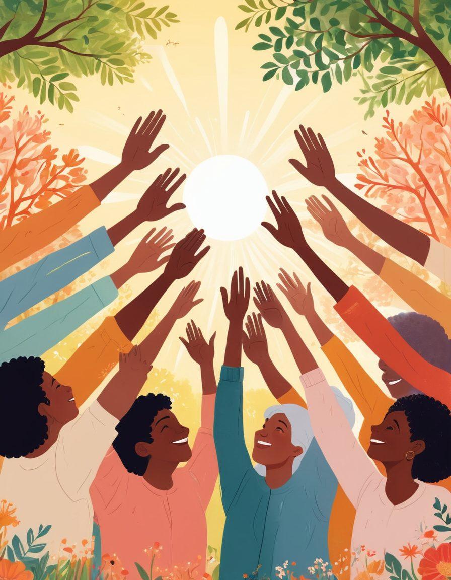 A diverse group of people of all ages and backgrounds joyfully interacting, forming a supportive circle with hands raised, symbolizing unity and encouragement. Surround them with images of nature, like blooming flowers and sunlight breaking through trees, representing growth and happiness. Include soft, warm colors to evoke feelings of comfort and positivity. illustration style. vibrant colors. uplifting atmosphere.