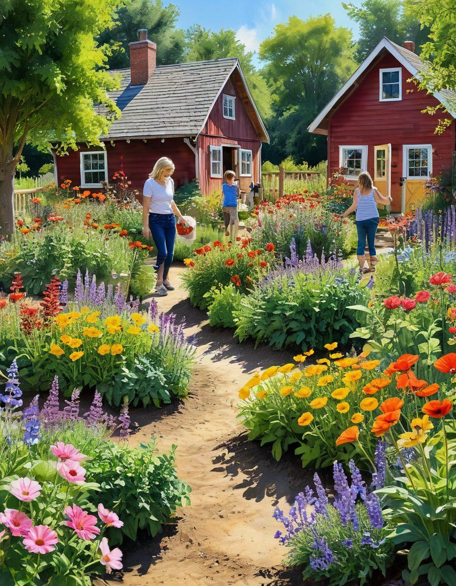 A vibrant community garden filled with diverse people of all ages joyfully tending to plants together, surrounded by blooming flowers and butterflies, illustrating connection and harmony. Include symbols of emotional health like hearts and smiles floating above the garden. Sunlight pouring down creates a warm and inviting atmosphere. watercolor style. bright colors. organic shapes.