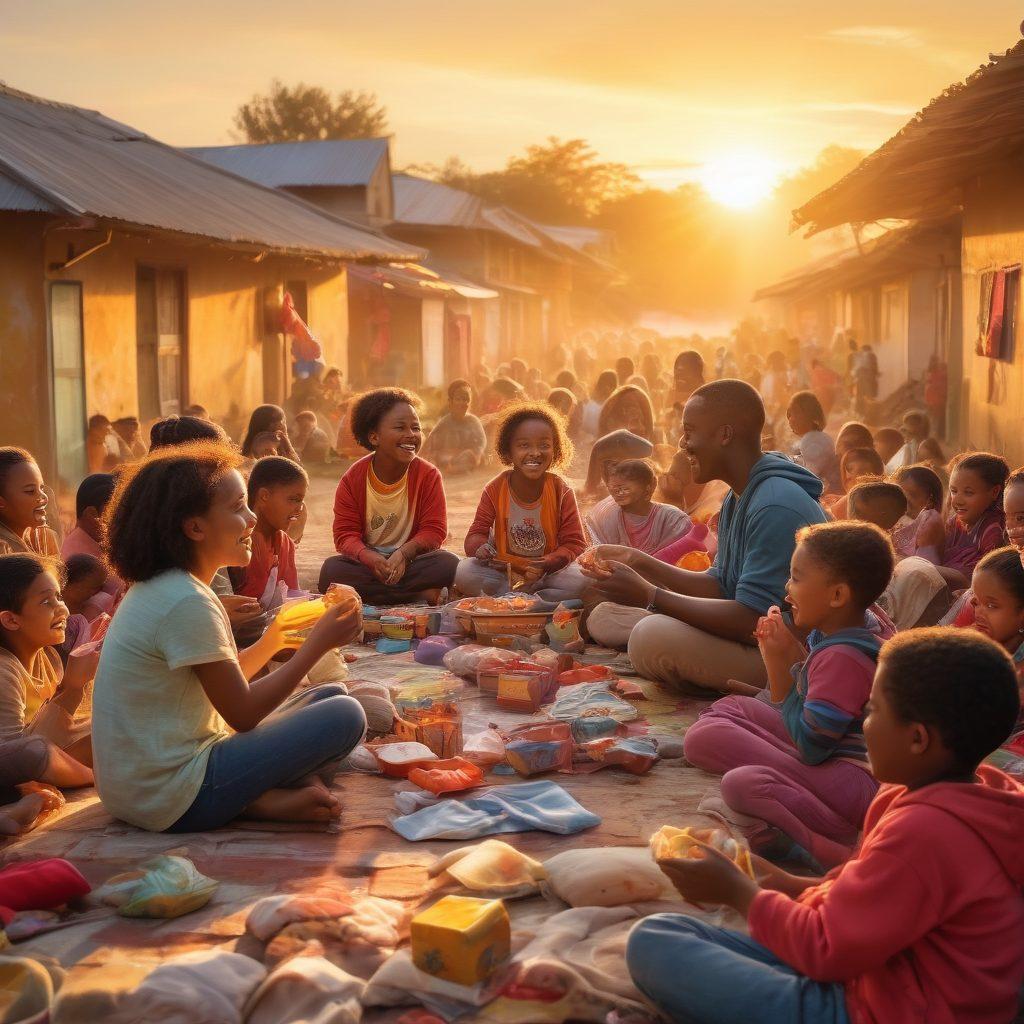 A heartwarming scene of diverse individuals sharing food, clothes, and smiles in a colorful community setting. Include children playing with donated toys, adults volunteering together, and an atmosphere of compassion and connection. The image should radiate warmth, showcasing the joy and impact of giving on both givers and receivers. A vibrant sunset in the background adds to the uplifting mood. super-realistic. vibrant colors. community vibe.
